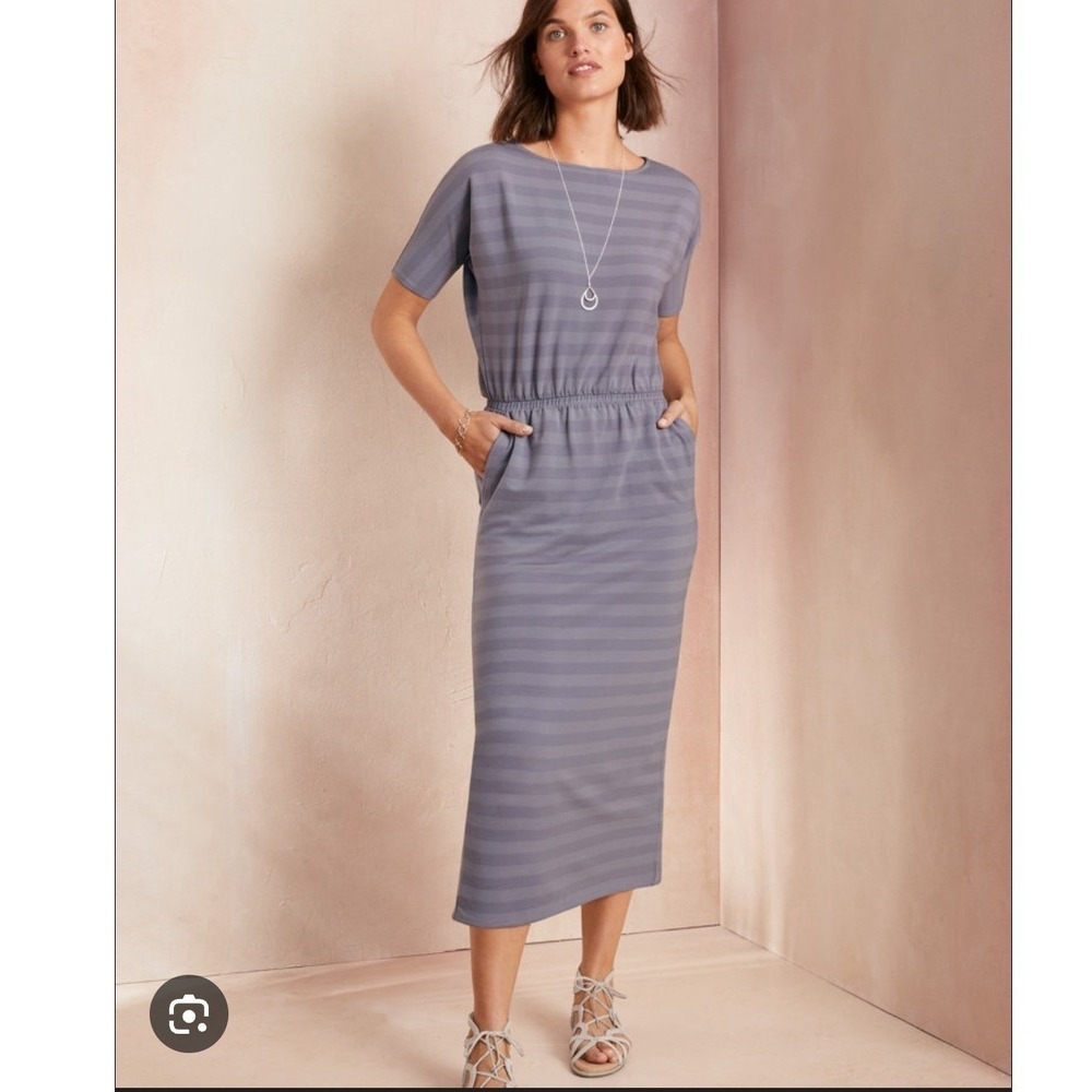 Garnet Hill Soft Stripe Midi Dress XL Purple Tencel Lyocell Elastic Waist